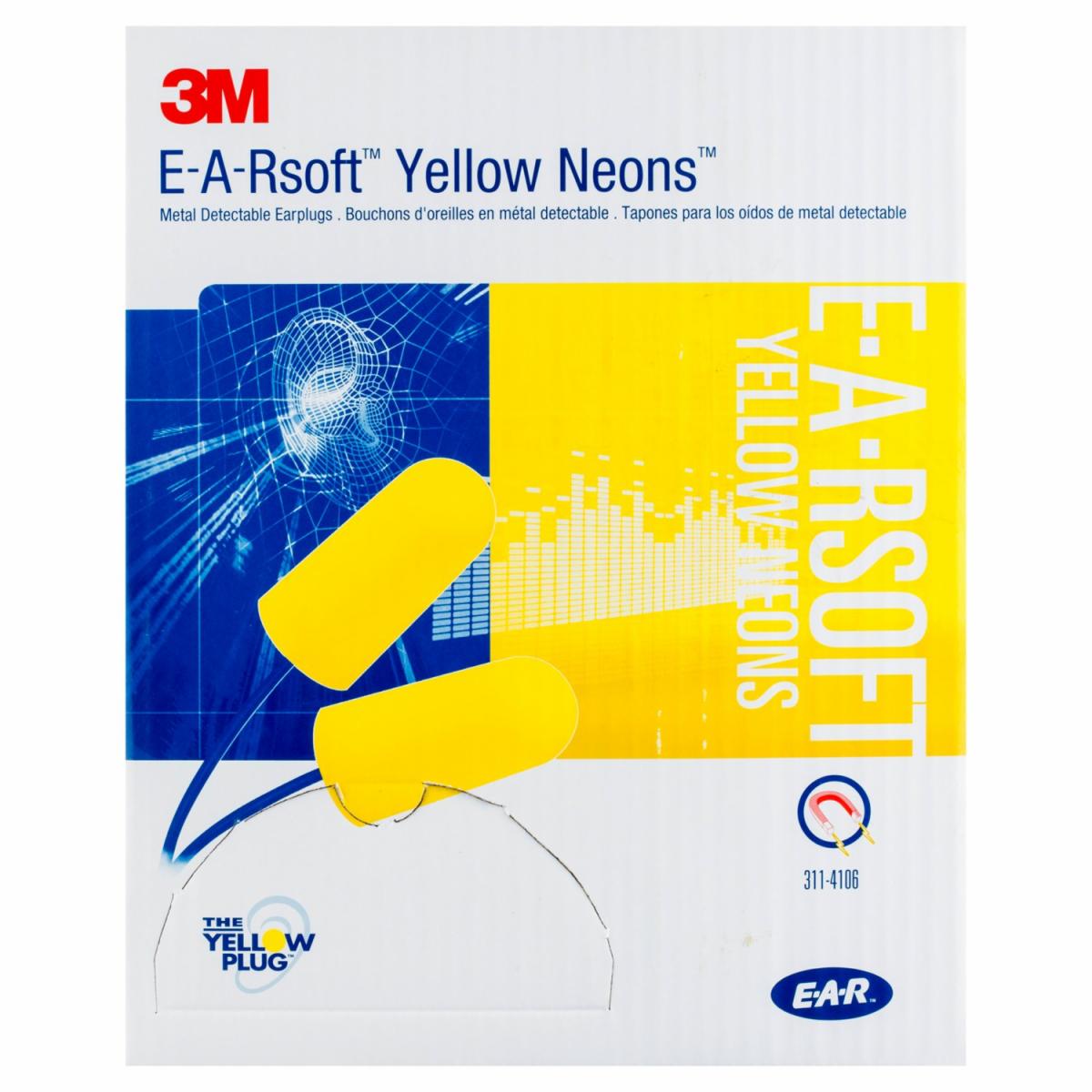 Box - 3M™ EARsoft™ Yellow Neon Regular Metal Detectable Corded Ear Plugs (200 Pairs | SLC80 23dB, Class 4)