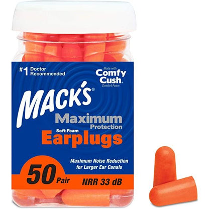 Macks Maximum Protection Foam Earplugs (NRR 33 | Bottle of 50)