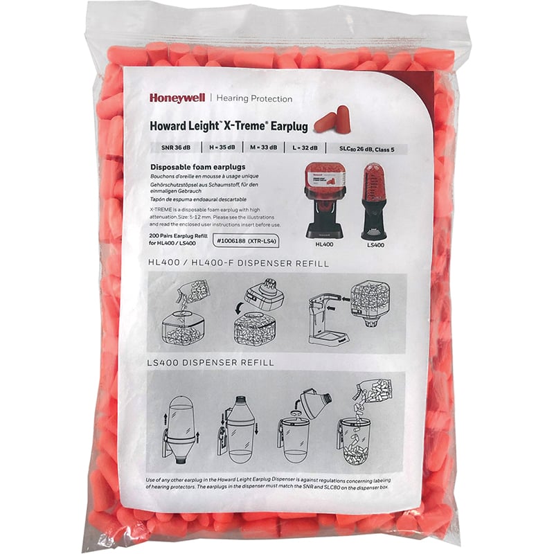 Howard Leight X-Treme Uncorded Earplug Dispenser Refill Bag (200 Pairs | SLC80 26dB, Class 4)