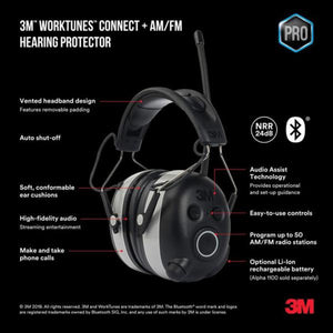 3M Pro Series WorkTunes™ Wireless Bluetooth Earmuff with AM/FM, Call Connect + Streaming (SLC80 27.9dB, Class 5)