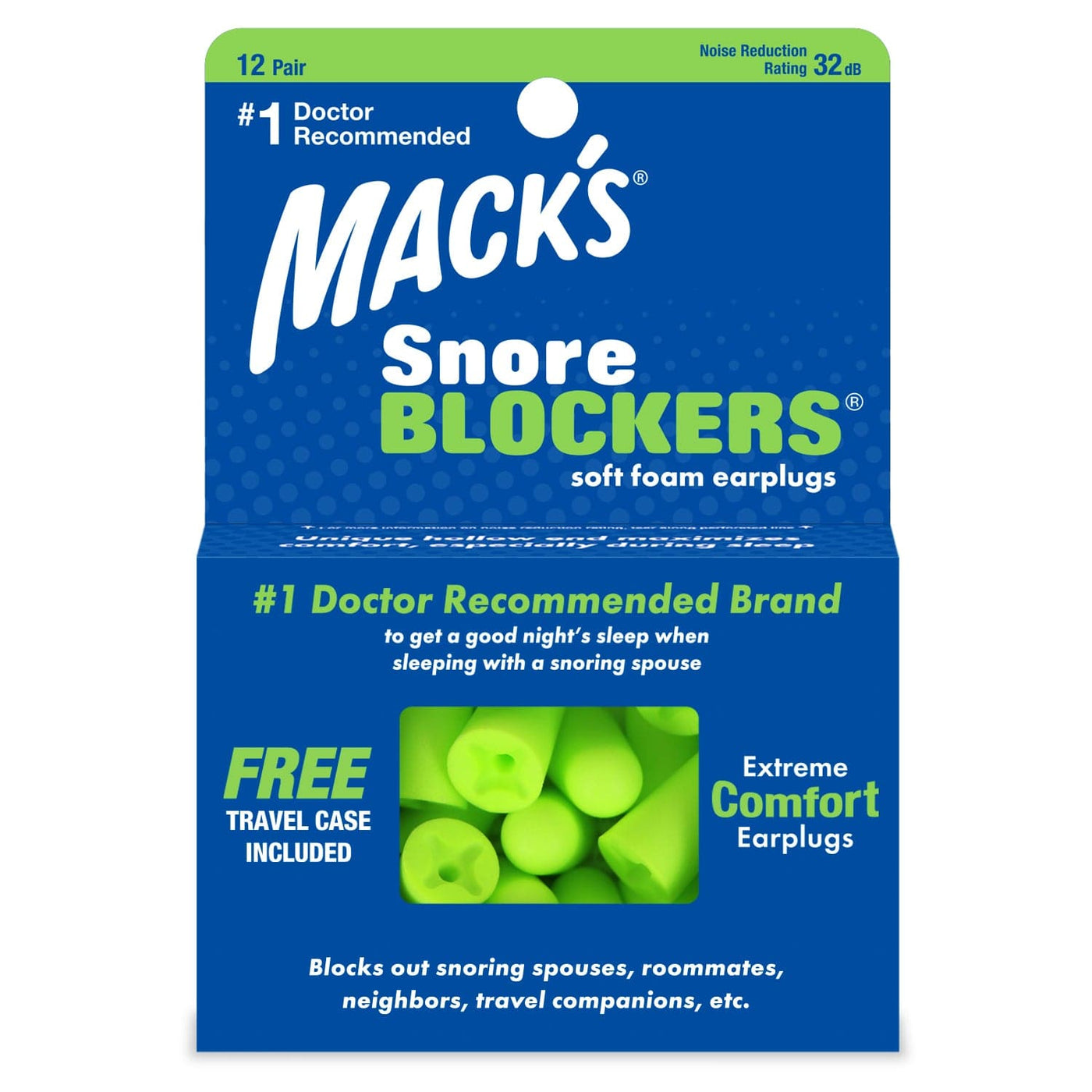 Macks SnoreBlockers™ Soft Foam Ear Plugs (NRR 32 | 12 Pairs w/ Carry Case)