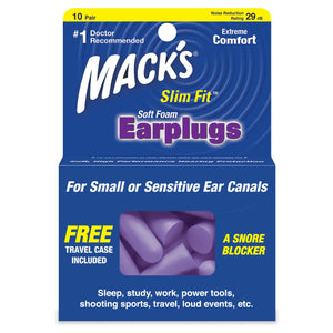 Macks Slim Fit Smaller Soft Foam Ear Plugs (NRR 29 | 10 Pairs w/ Carry Case)